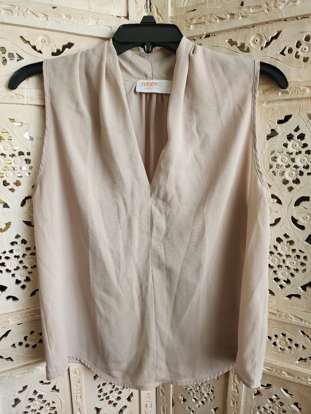 Renee C. Nude/Tan Draped V-neck Sleeveless Blouse- Womens Size Small